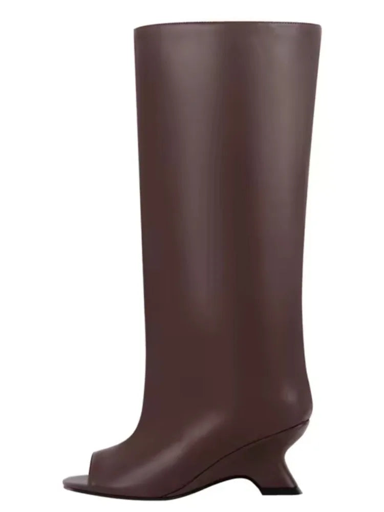 Women's Peep Toe Knee-High Boots with Slant Wedge Heel