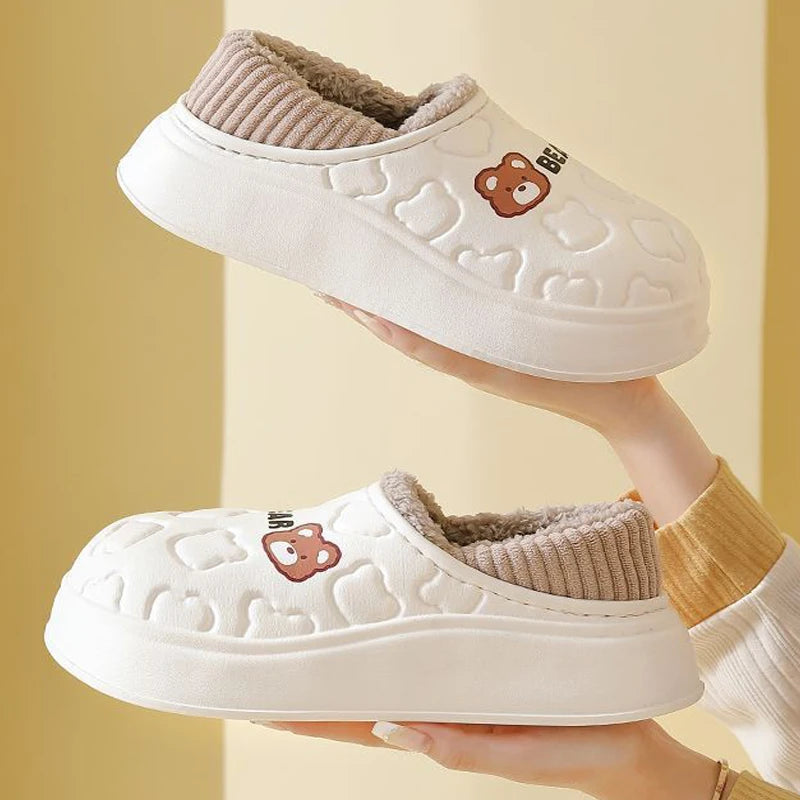 Waterproof Cotton Slippers Women Men Winter Outdoor Indoor Home Plush Warm Thick Sole Anti Slip