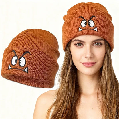 Funny Face Embroidered Knit Beanie – Warm Brimless Pullover Hat