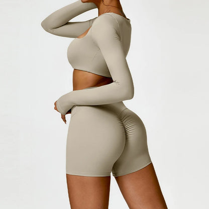 Women's 2-Piece Yoga Set – Long Sleeve Crop Top & Shorts