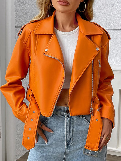 Women's Faux Leather Moto Jacket with Belt – Short Biker Style