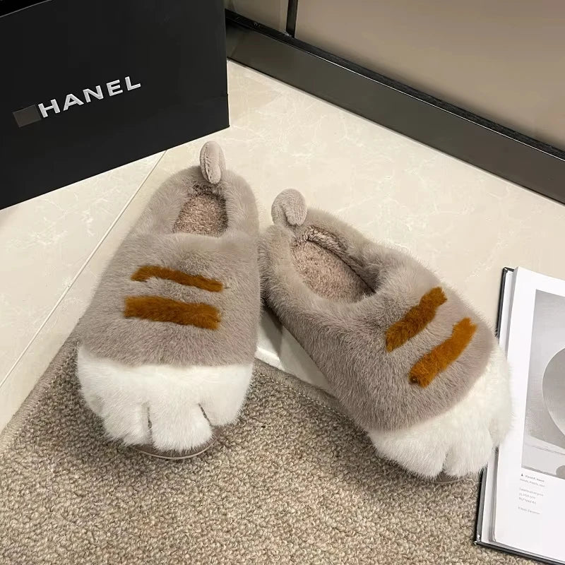 Adorable Kitty Claw Slippers Women S Home Shoes Non Slip Furry Mules Female Warm Fluffy Slides
