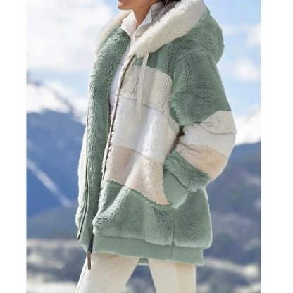 Women's Plaid Fleece Hooded Coat – Thick Zip-Up Winter Jacket
