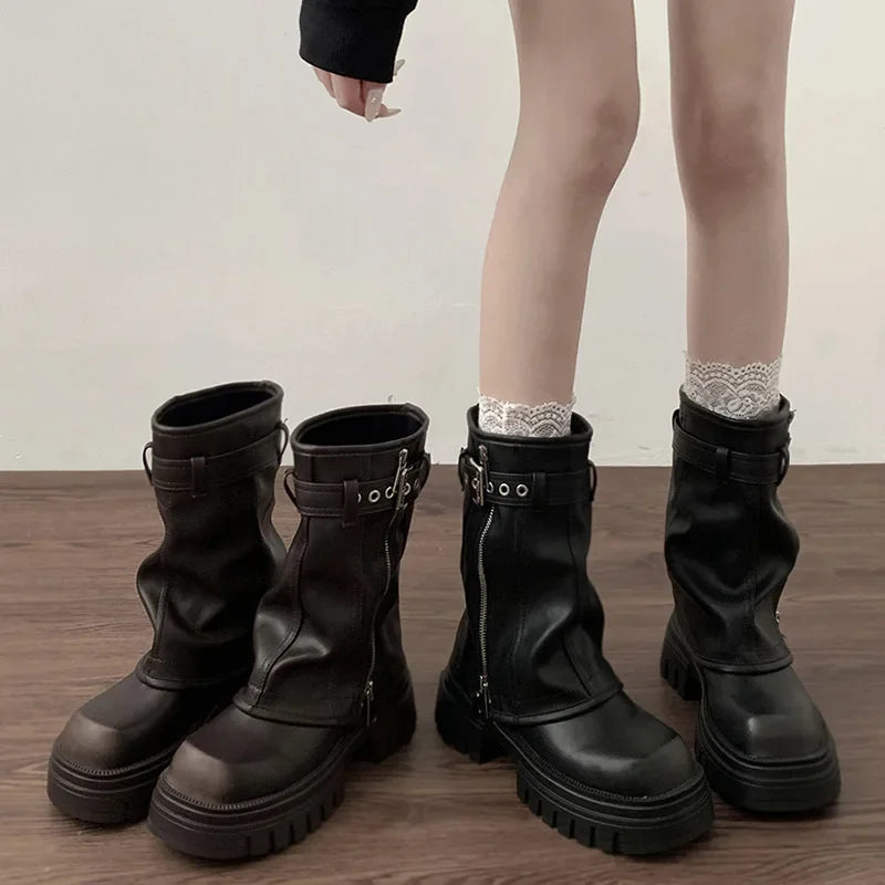 Women's Platform Biker Boots – Buckle Strap Mid-Calf Booties