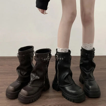 Women's Platform Biker Boots – Buckle Strap Mid-Calf Booties