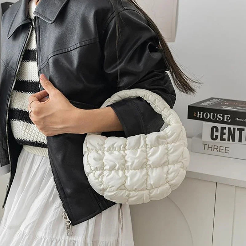Candy Bag Mini Puffer Tote Quilted Circle Phone Purse Elegant Soft Nylon Padded Key Pouch Simple