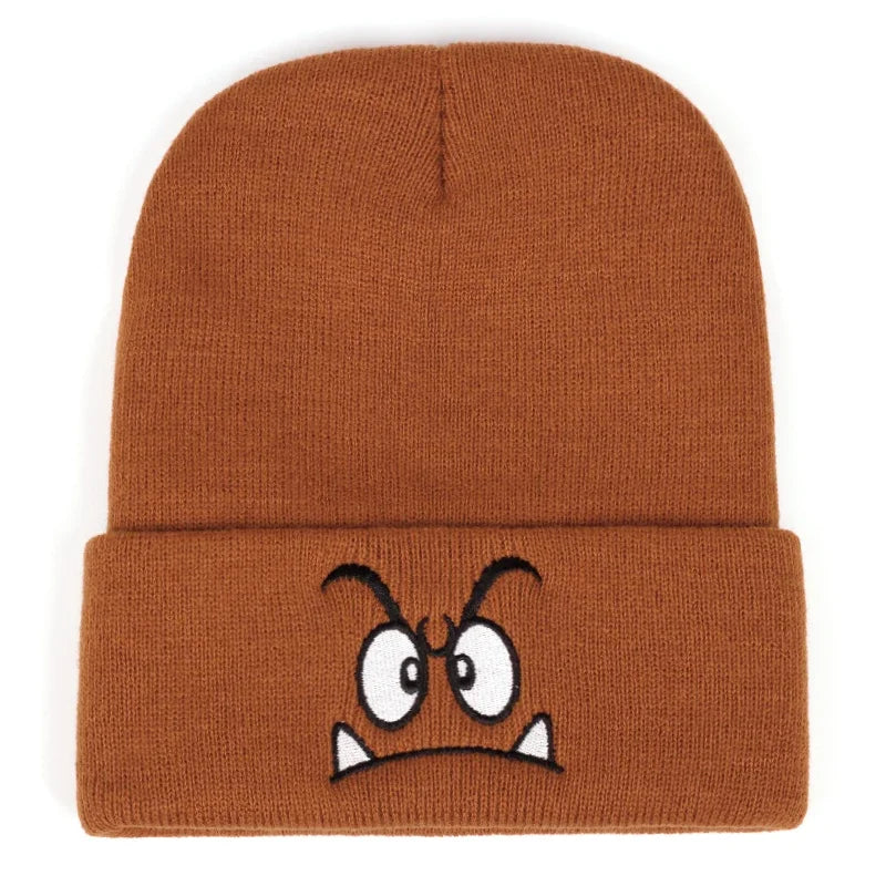 Funny Face Embroidered Knit Beanie – Warm Brimless Pullover Hat