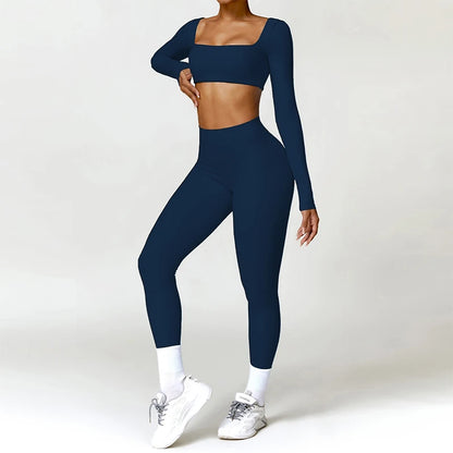 Women's 2-Piece Yoga Set – Long Sleeve Crop Top & Shorts