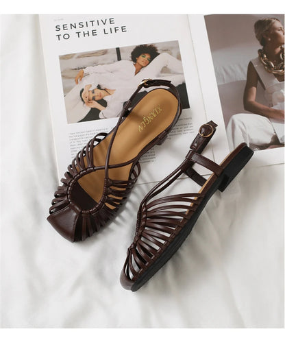 Women's Flat Roman Cage Sandals – Narrow Strap Square Toe