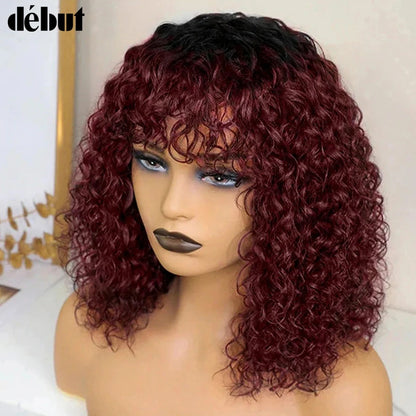 Jerry Curly Short Pixie Bob Cut Human Hair Wigs Bangs Women Wear Go Peruvian Highlight Honey Water