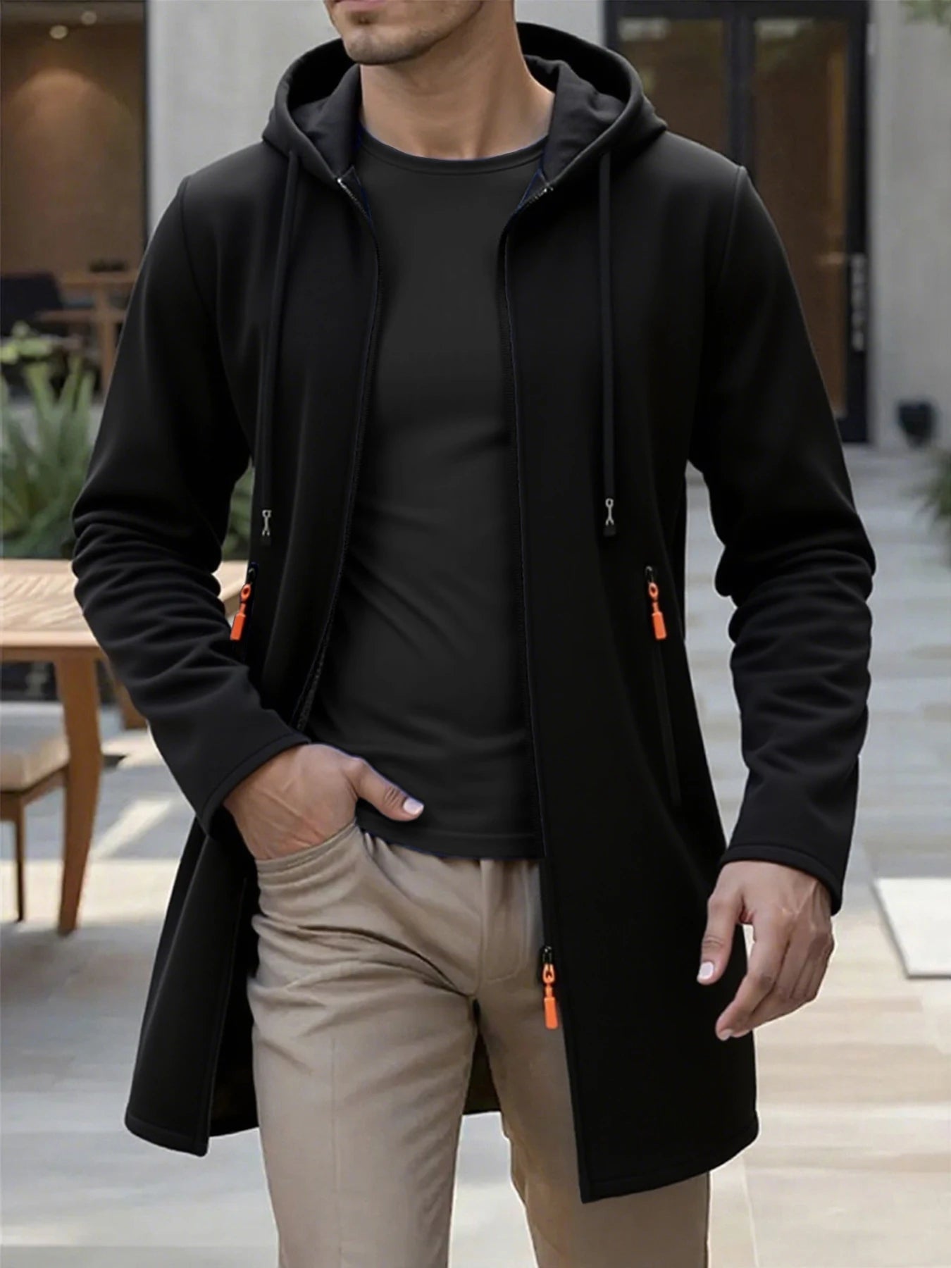 Men's Hooded Knit Cardigan Long Jacket – Casual Zip-Up Coat