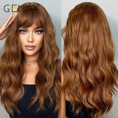 Gemma Ombre Brown Blonde Long Straight Synthetic Wigs Bangs Cosplay Wig Women Temperature Natural