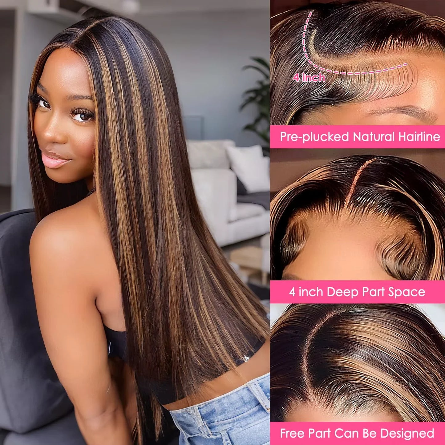 Ombre Highlight Straight Lace Front Wig – HD Transparent Lace Human Hair