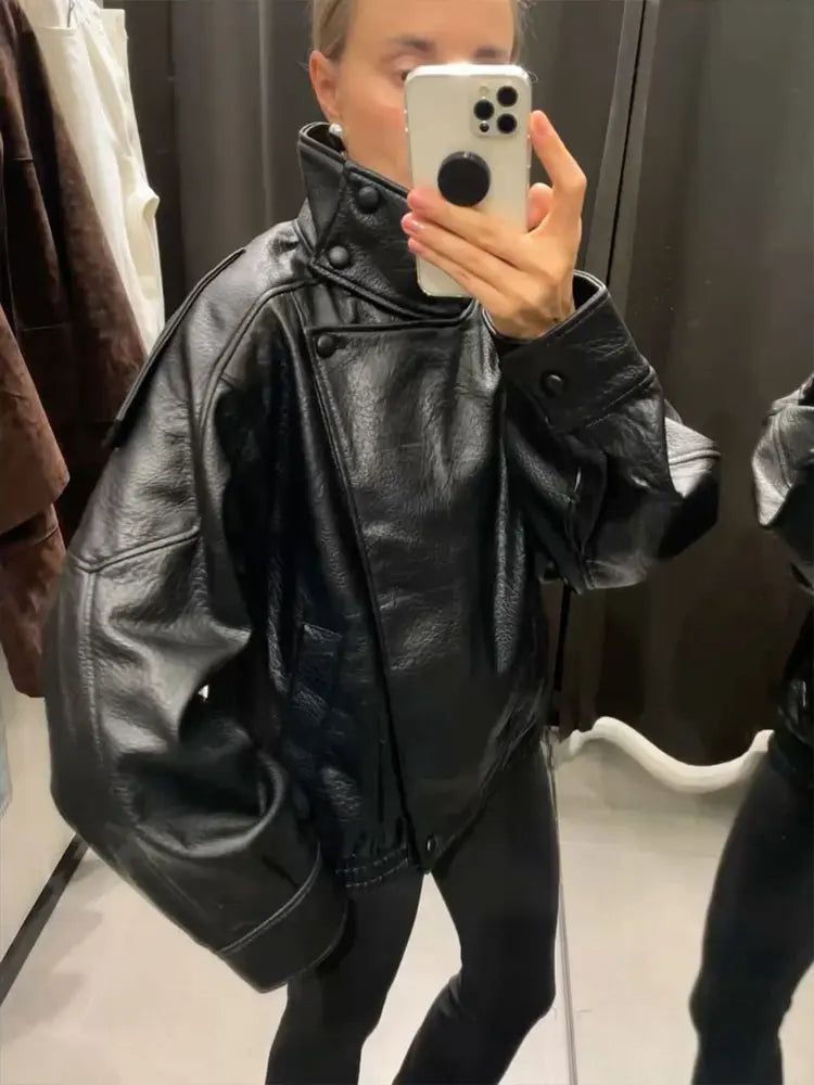 Women's Oversized Faux Leather Moto Jacket