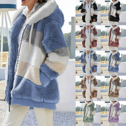 Women's Oversized Fluffy Fleece Hoodie Jacket – Warm Streetwear Coat