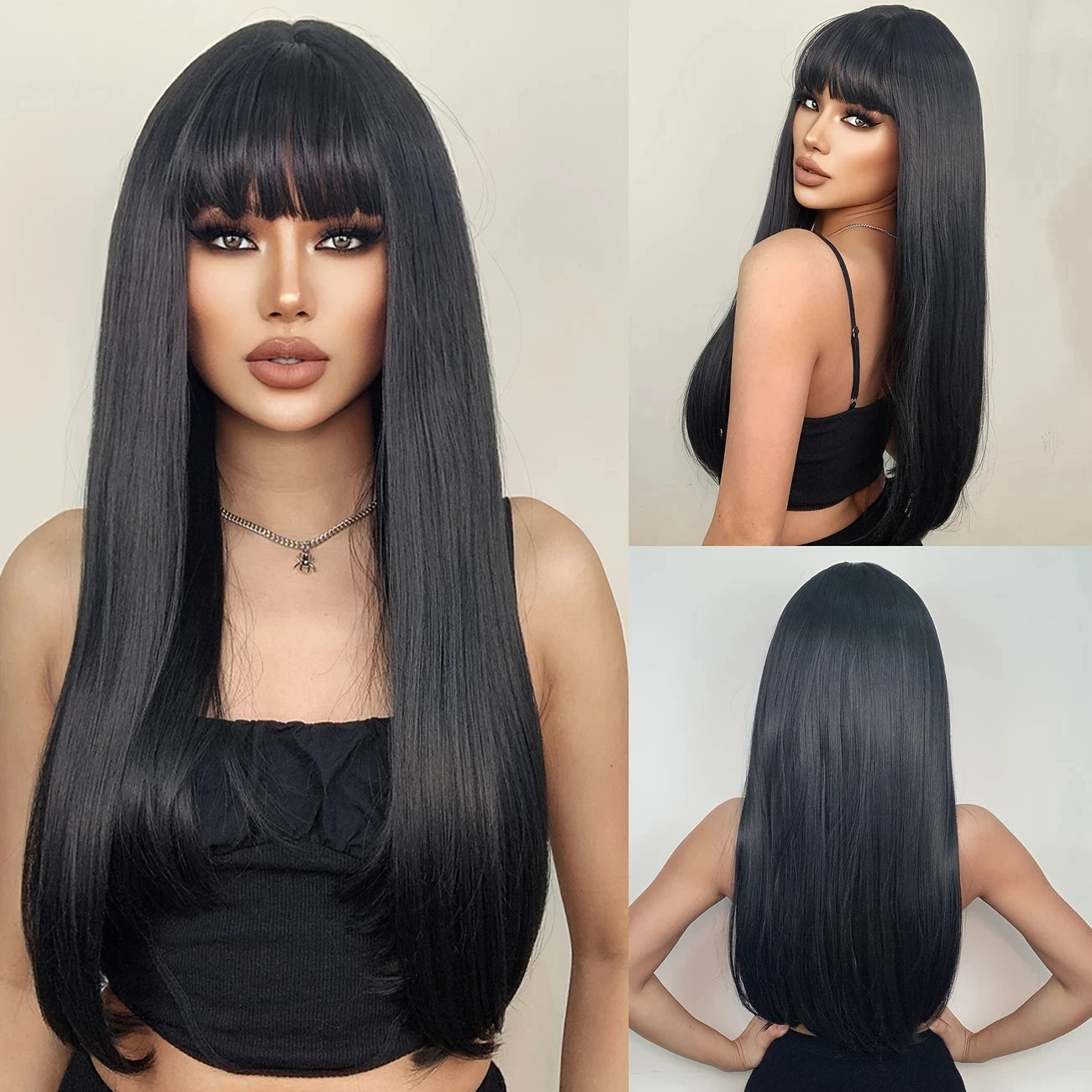 Long Wavy Synthetic Wig with Bangs – Heat Resistant Fiber
