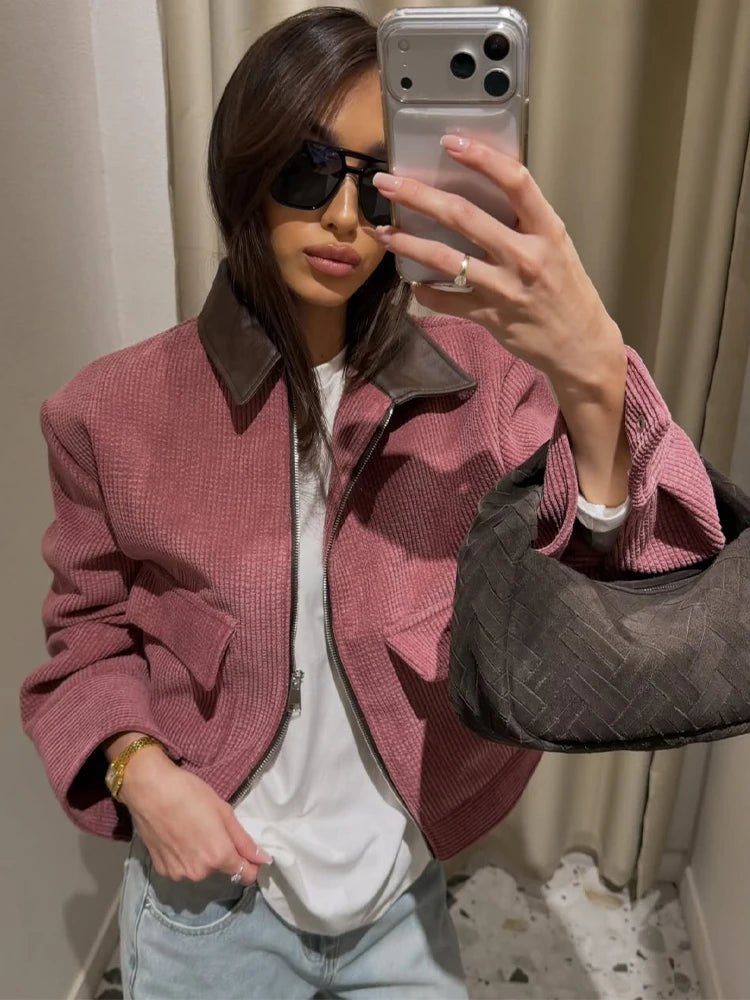 Women's Casual Corduroy Zip-Up Jacket with Pockets