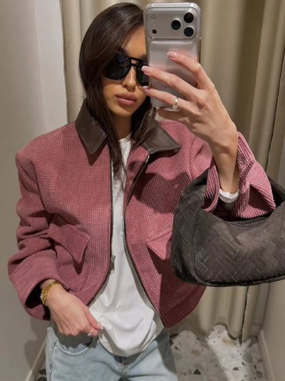 Women's Casual Corduroy Zip-Up Jacket with Pockets