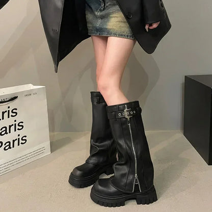 Women's Platform Knee-High Biker Boots with Belt Buckle