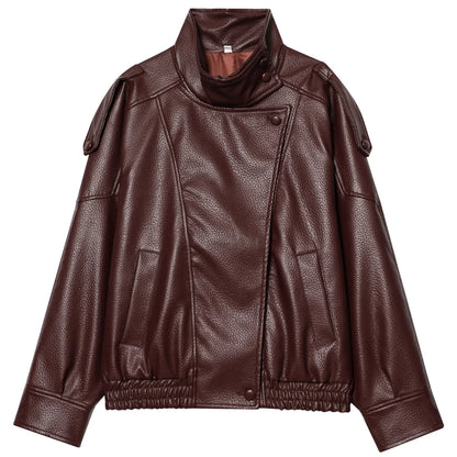 Faux Leather Bomber Jacket Women – Oversized Cropped Zip-Up