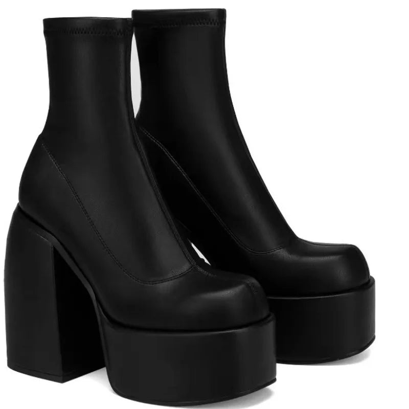 Women's Platform Ankle Boots Chunky Block Heel Square Toe