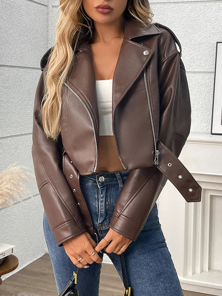 Women's Faux Leather Moto Jacket with Belt – Short Biker Style