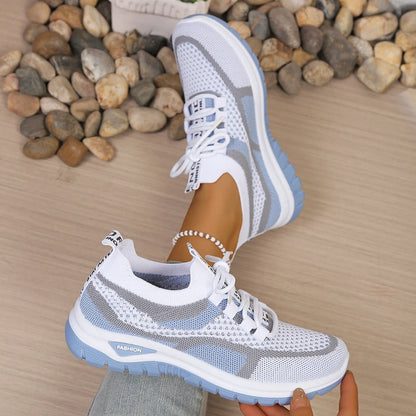 Women's Two-Tone Mesh Knit Sneakers – Casual Lace-Up Fashion Shoes