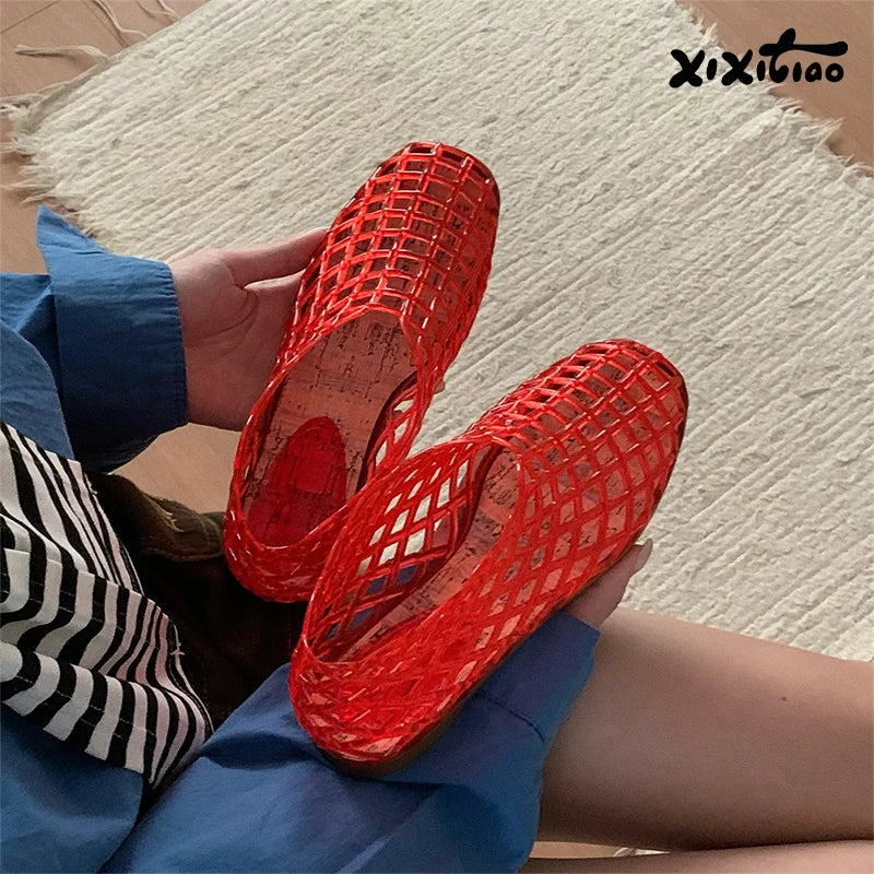 Women's Hollow Jelly Flat Sandals – Anti-Slip Summer Shoes