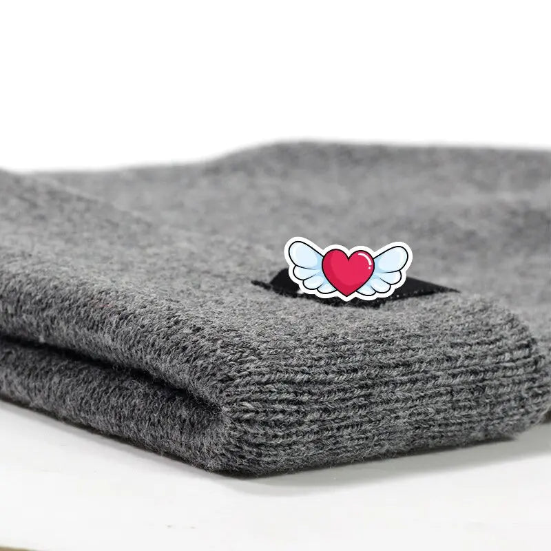 Winter Knit Beanie with Heart Wing Embroidery – Warm Cuffed Hat