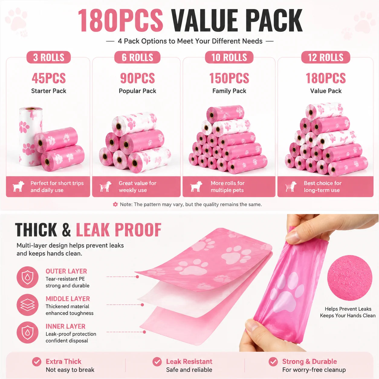 Dog Poop Bags – Thick Leakproof Pet Waste Bags, 3/6/10 Rolls