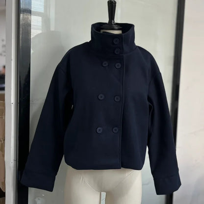 Women's Short Woolen Coat – Stand Collar Zip Jacket