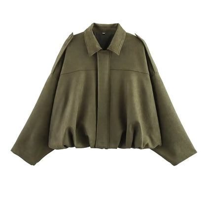 Women's Oversized Suede Bomber Jacket – Long Sleeve Zip-Up Coat