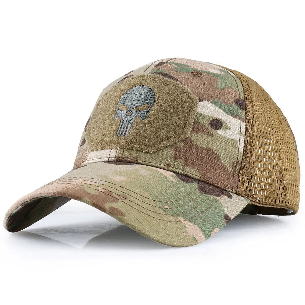 Tactical Skull Patch Baseball Cap – Camo Mesh Snapback Hat