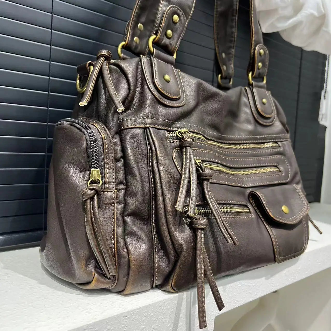 Vintage Washed Leather Shoulder Bag – Y2K Motorcycle Crossbody