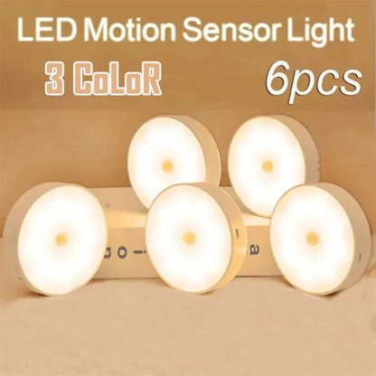 2 6 Pack Motion Sensor Led Night Light Usb Rechargeable 3 Color Lamp Cabinet Wardrobe Staircase