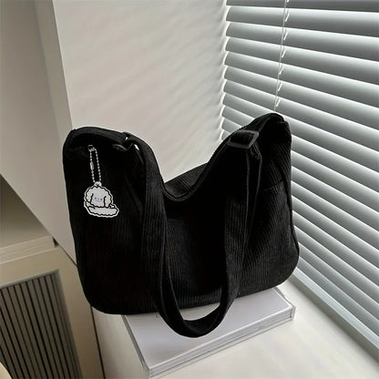 Women's Corduroy Shoulder Tote Bag – Large Capacity with Cute Patch