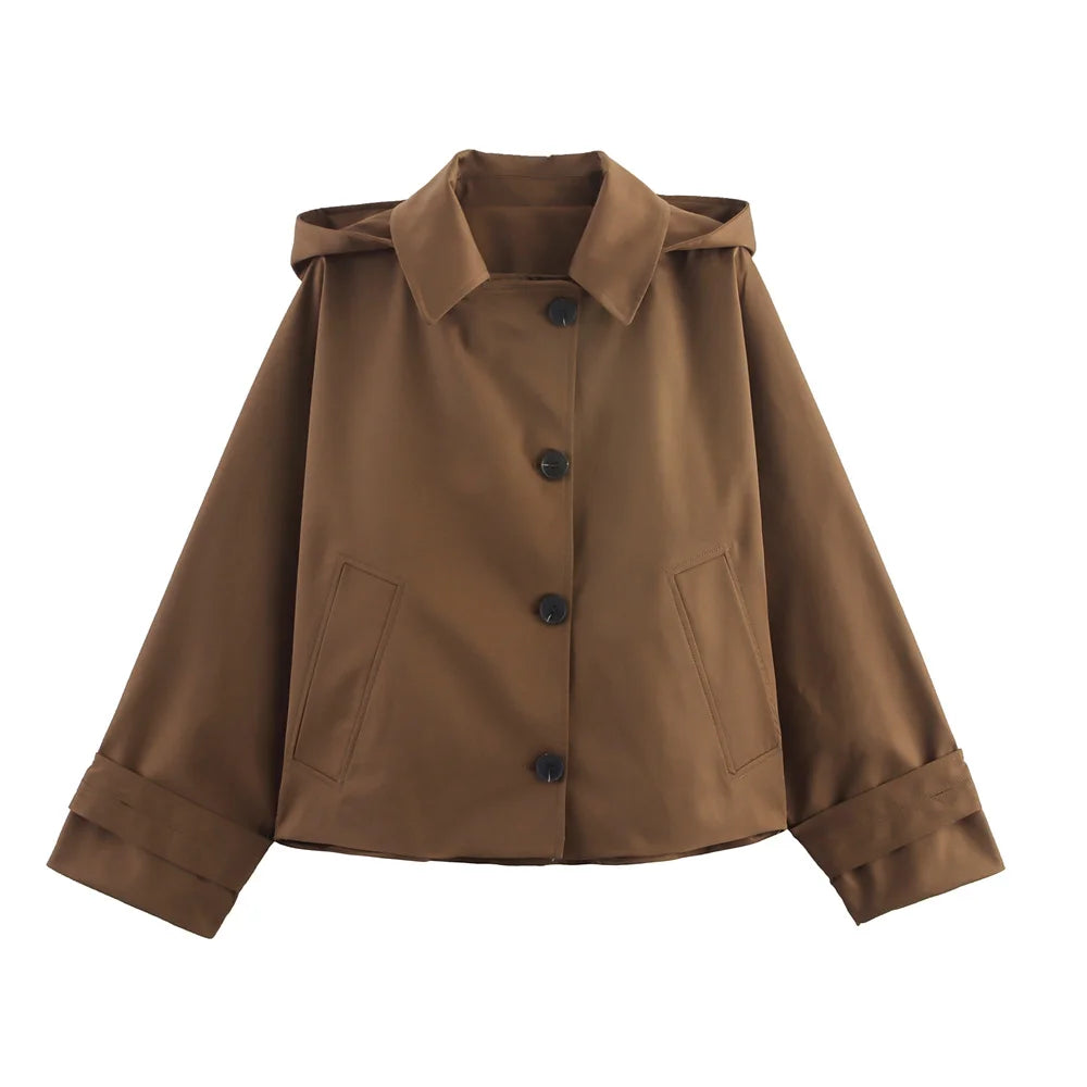 Women's Short Hooded Trench Coat Single-Breasted