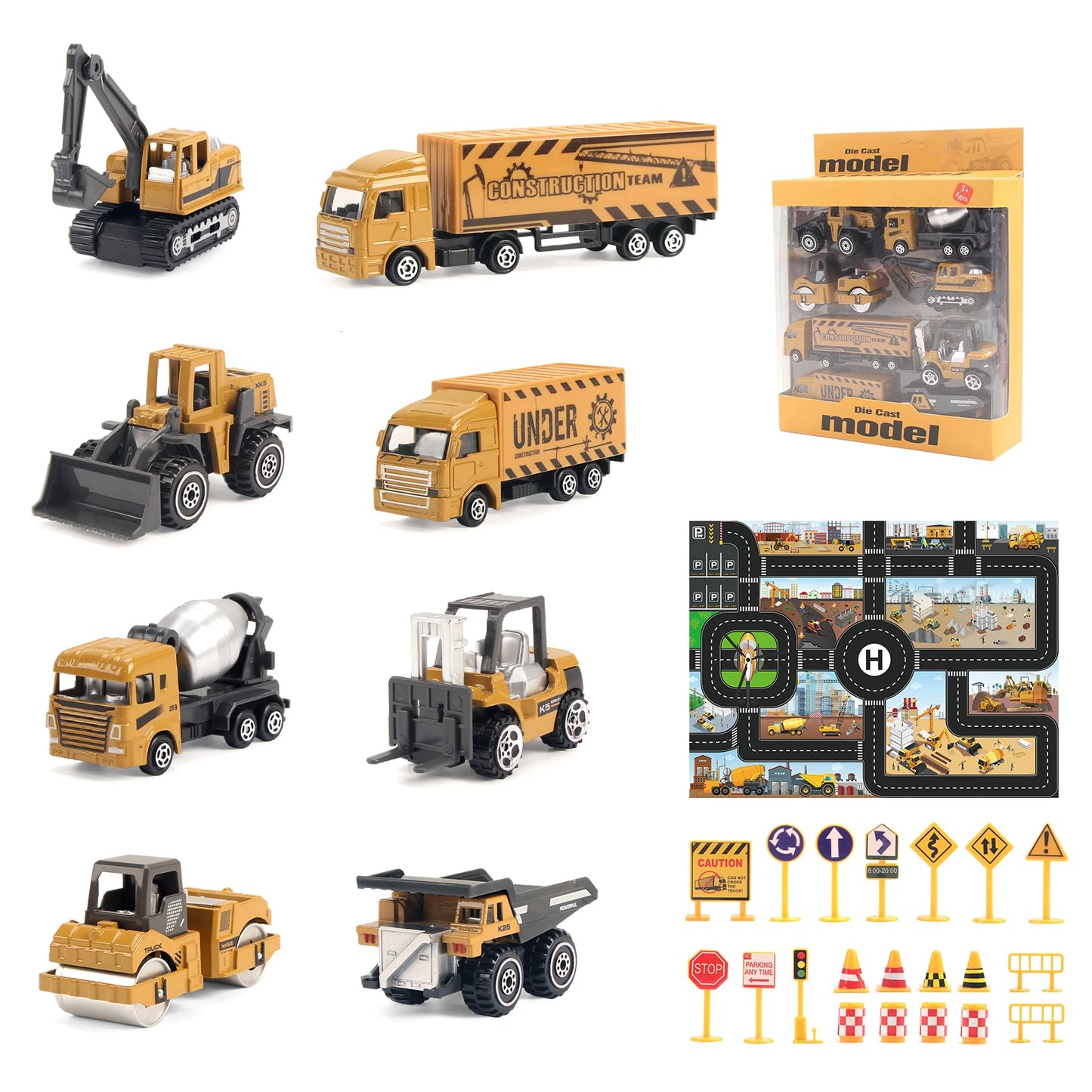 6-Piece Alloy Construction Truck Toy Set – Excavator, Loader & Tractor