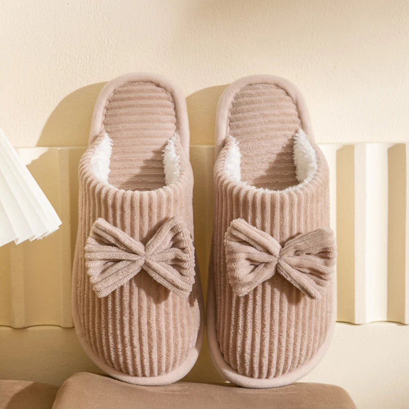 Women S Bow Slippers Fall Winter Indoor Bedroom Floor Lightweight Comfortable Soft Warm Slippers