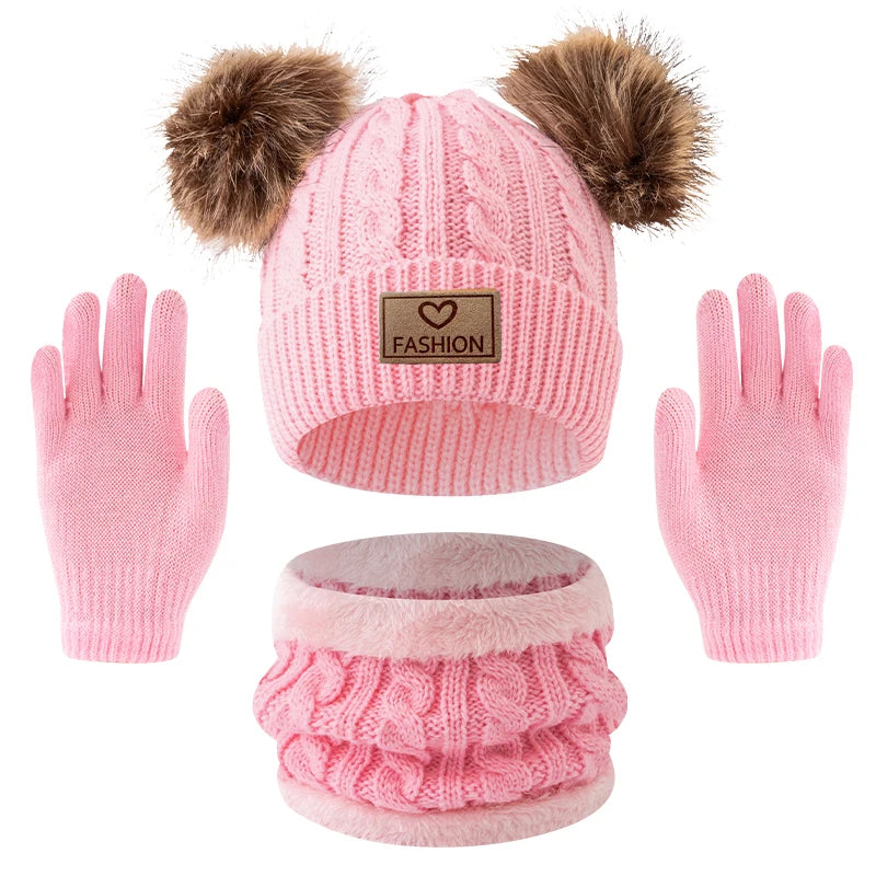 Kids Winter Hat Scarf Gloves Set – 3-Piece Knit Pom Pom Beanie