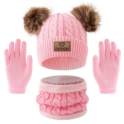 Kids Winter Hat Scarf Gloves Set – 3-Piece Knit Pom Pom Beanie