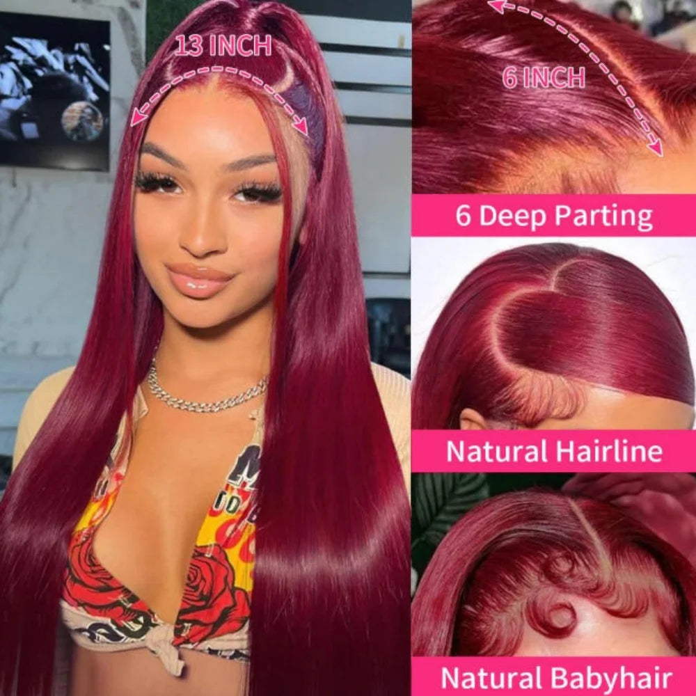 13x4 HD Lace Front Wig 99J Burgundy Straight Human Hair