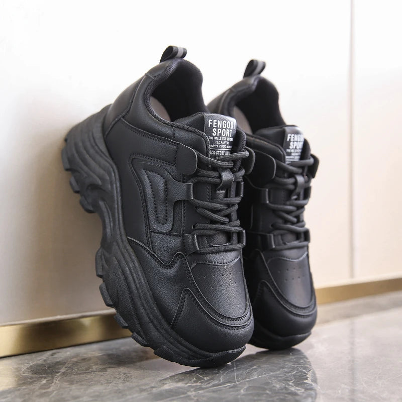 Women's Platform Sneakers – Lace-Up Thick Sole PU Leather Shoes