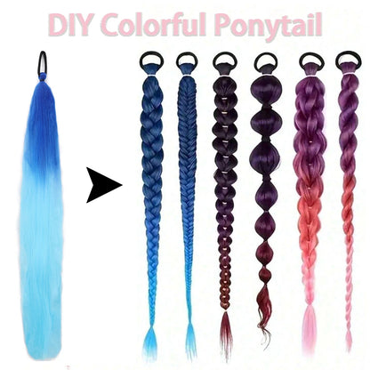 Synthetic Colorful Ponytail Extension 2pcs Long Straight Diy Braided Pony Tail Hairpiece Rubber Band