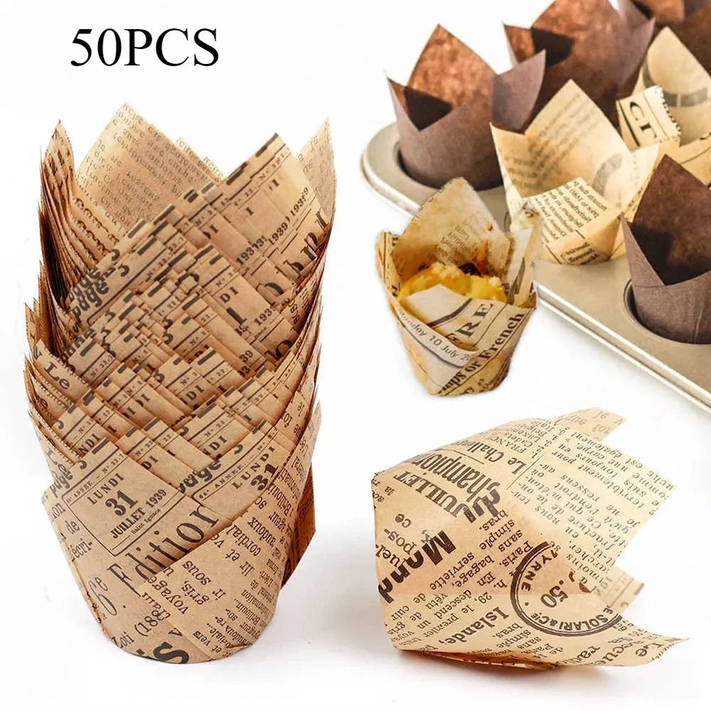 Newspaper Print Tulip Cupcake Liners – 50 Pack, Kraft Paper