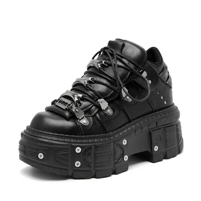 Punk Gothic Platform Ankle Sneakers – Metal Hardware Lace-Up