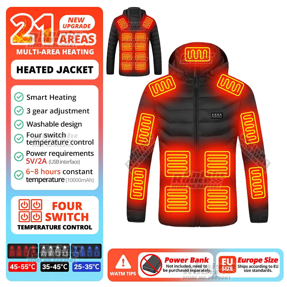 USB Electric Heated Jacket – 21 Heating Zones, 3-Gear Temperature Control