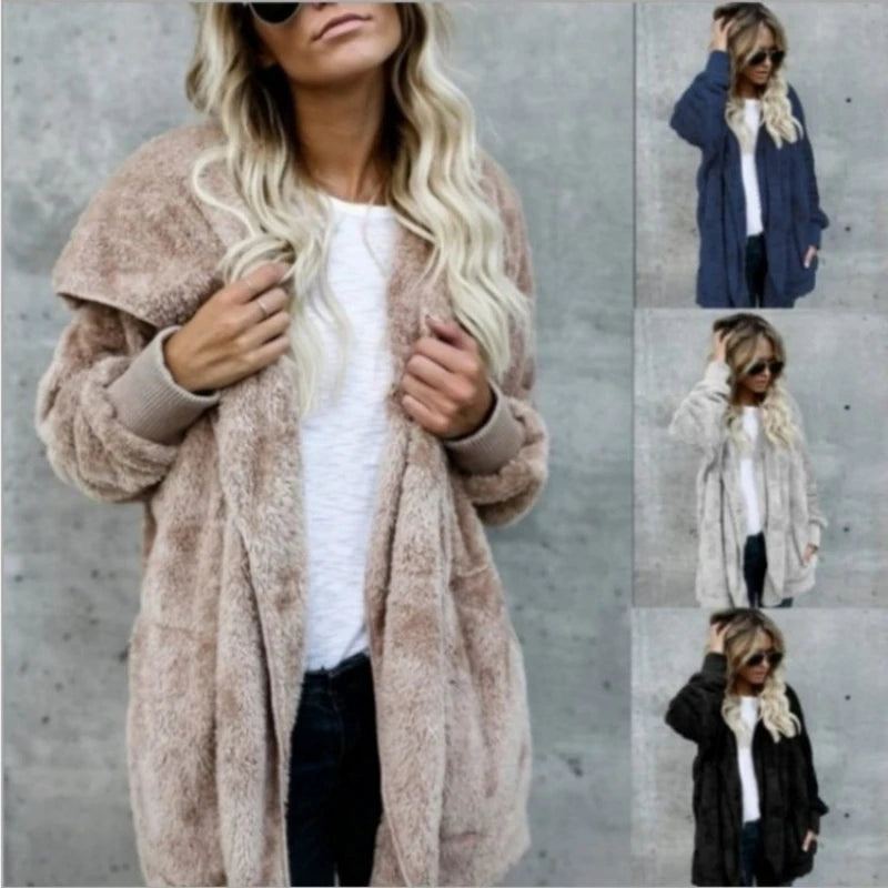 Women's Fleece Hooded Cardigan Coat – Warm Plush Jacket