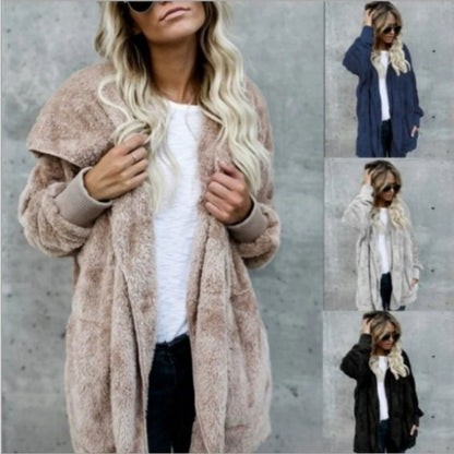 Women's Fleece Hooded Cardigan Coat – Warm Plush Jacket