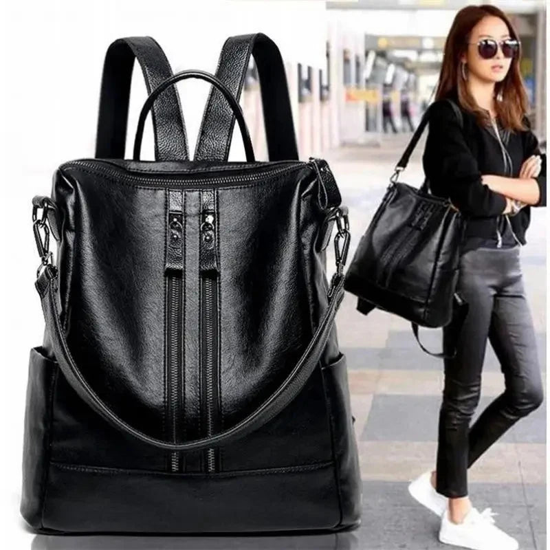 Women Leather Backpack – Black Convertible Shoulder Bag